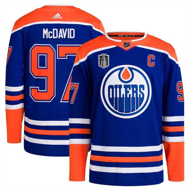 Mens Edmonton Oilers #97 Connor McDavid Royal 2024 Stanley Cup Final Patch Stitched Jersey Dzhi